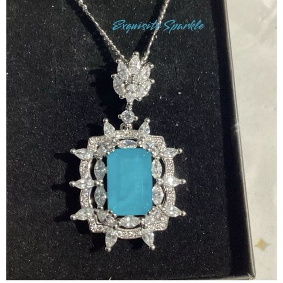 Lab Created  Paraiba Tourmaline &Zircon vintage inspired silver Pendant necklace - Picture 2 of 16